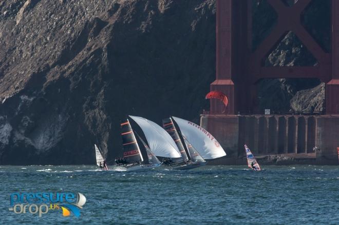 Race from Golden Gate Bridge downhill to the SF/ Oakland Bay Bridge - 2015 Ronstan Bridge © pressure-drop.us